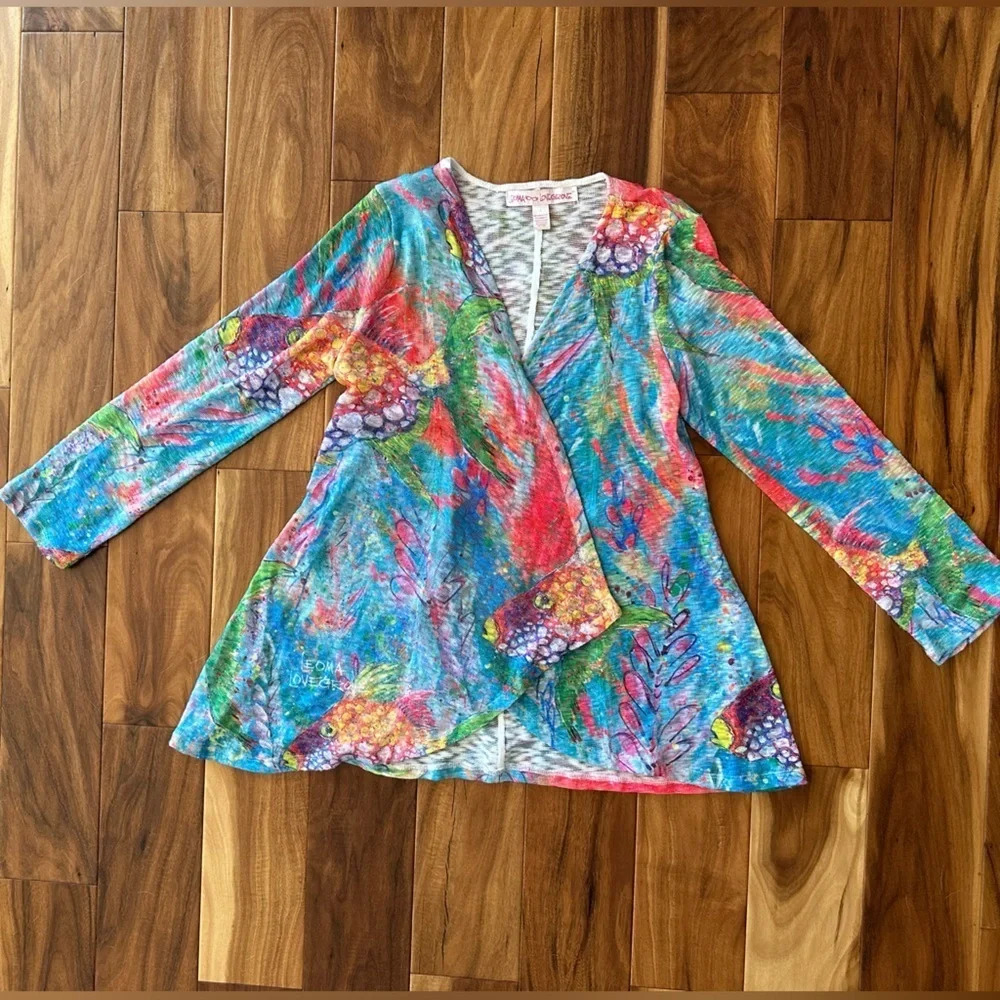 Leoma Lovegrove Art To Wear Wrap Cardigan Jacket Colorful Fish size Small